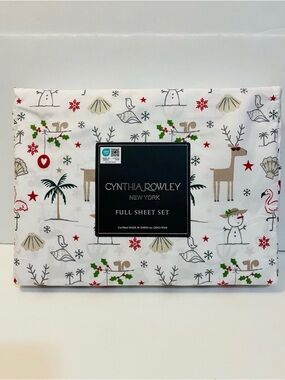 Cynthia Rowley Christmas Beach Full Size Sheet Set Palm Tree Seashell Flamingo